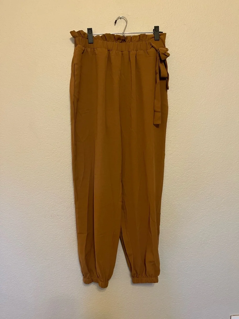 NWT Cupshe Brown Elastic Pants Side Bow-Knot Tie Tapered Legs Size Large